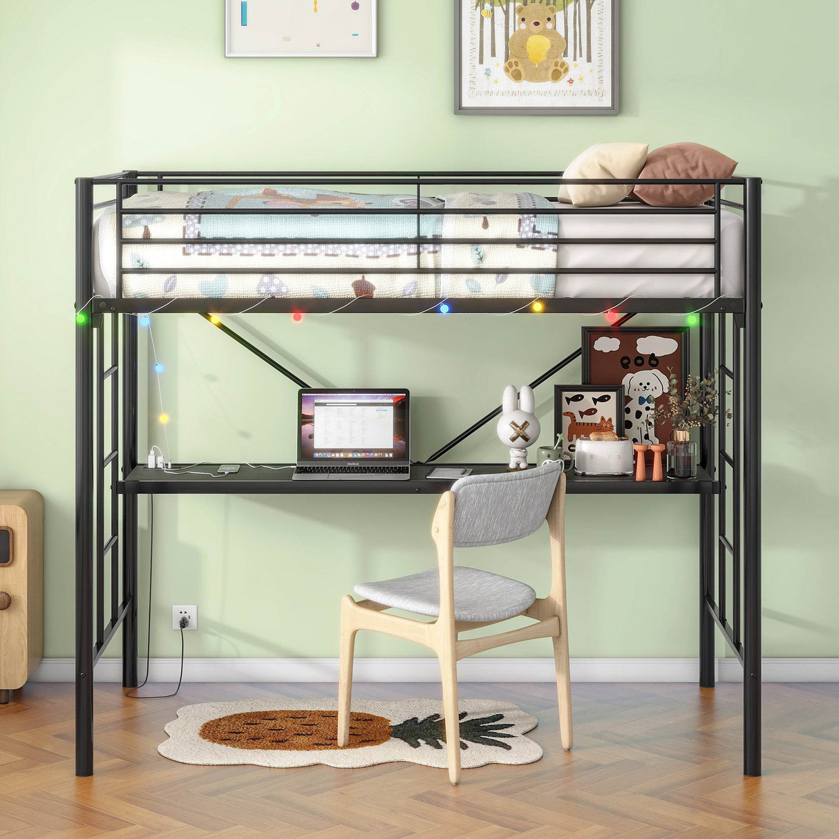 Twin Metal Loft Bed Frame With Desk And Power Outlet
