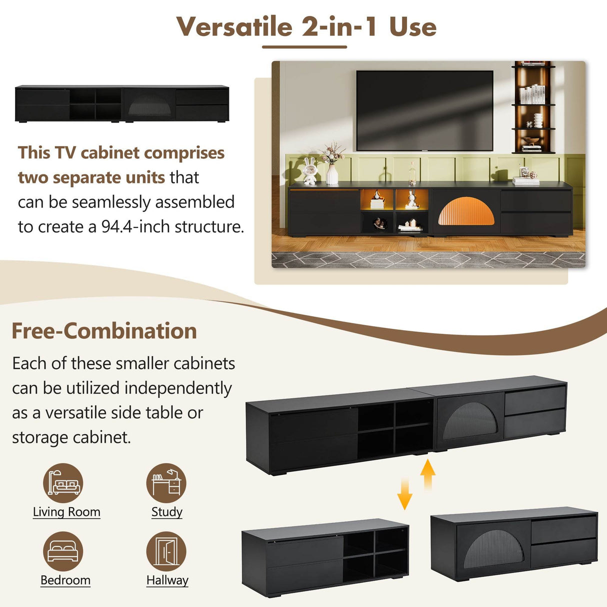 Modern Black TV Stand With LED Light And Storage - Sleep Galleria