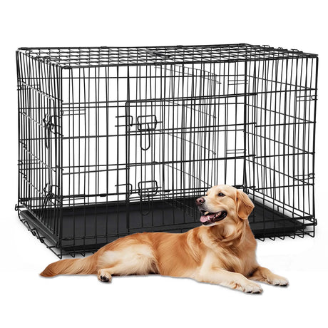 Durable Wire Dog Crate, Folding Metal Dog Kennel Double Door Dog Cage with Plastic Tray, Pet Crate for Large Dog Indoor Outdoor Travel (Blue, 36 Inch)