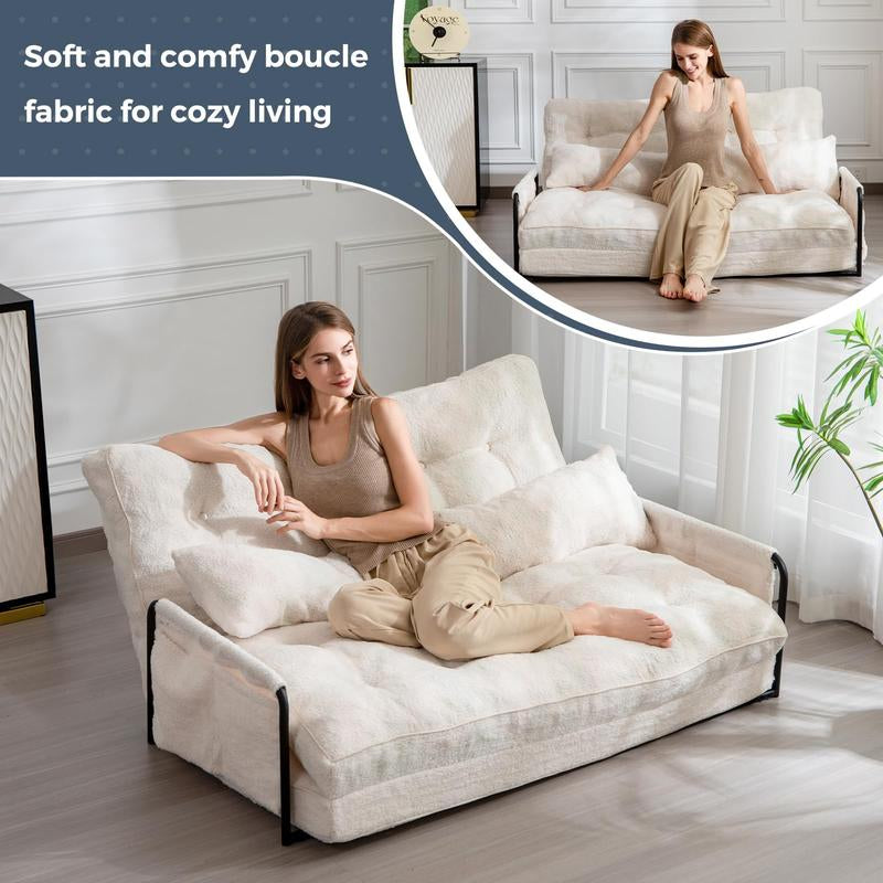 MAXYOYO Adjustable Floor Sofa Couch with 2 Pillows, Boucle Convertible Lazy Sofa Sleeper Bed with Armrest, Double Size, Living Room Furniture