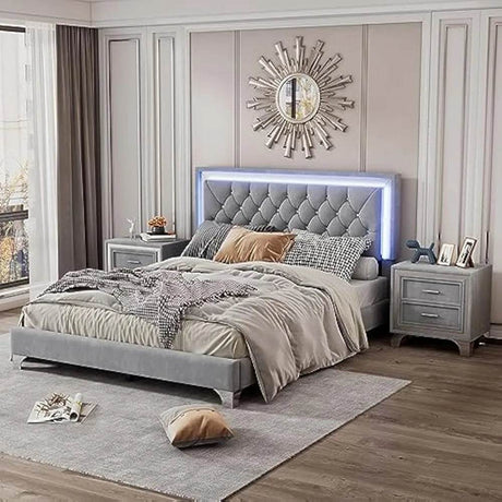 3 - Piece Upholstered Platform Bed With LED Nightstands Set - DAFIFY - Sleep Galleria