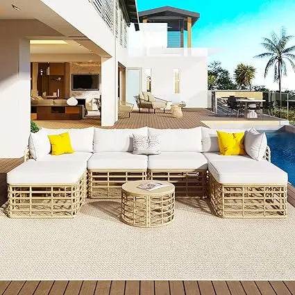 7-Piece Outdoor All-Weather Rattan Sectional Sofa Set - Sleep Galleria