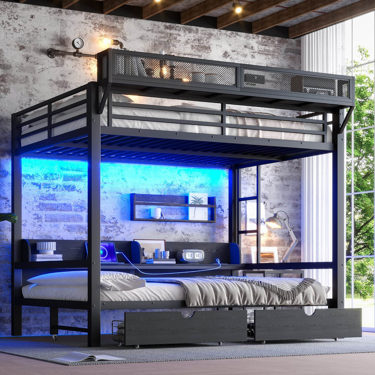 Queen Over Queen Metal Bunk Bed With Storage Drawers And LED Lights