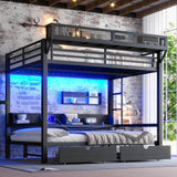 Queen Over Queen Metal Bunk Bed With Storage Drawers And LED Lights