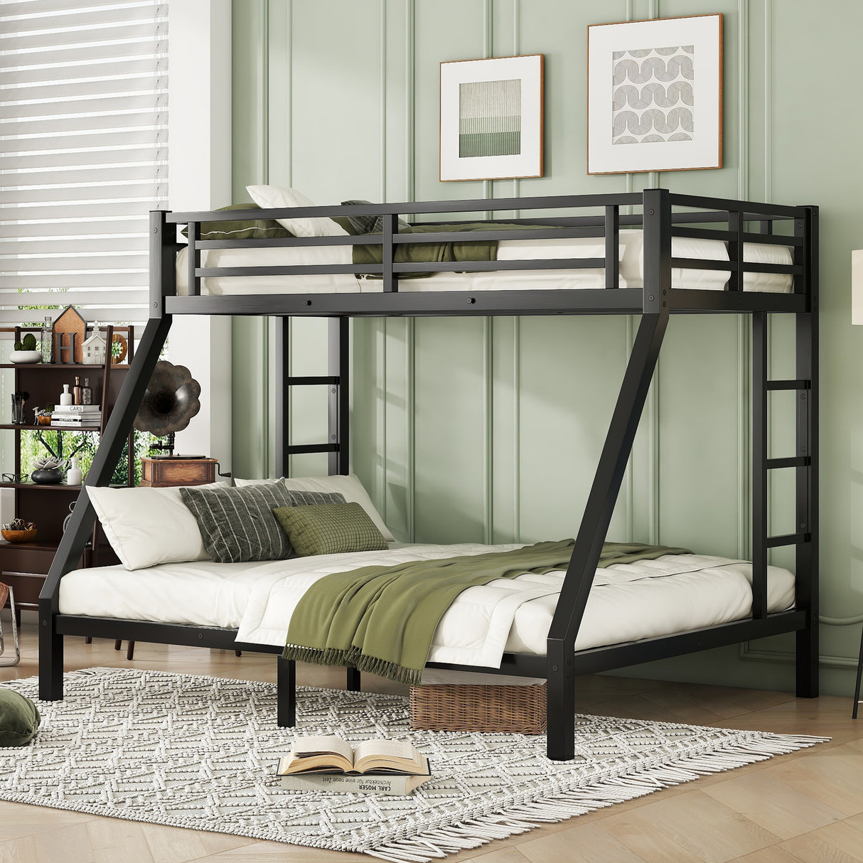 Metal Twin XL Over Queen Bunk Bed With Storage and Ladder