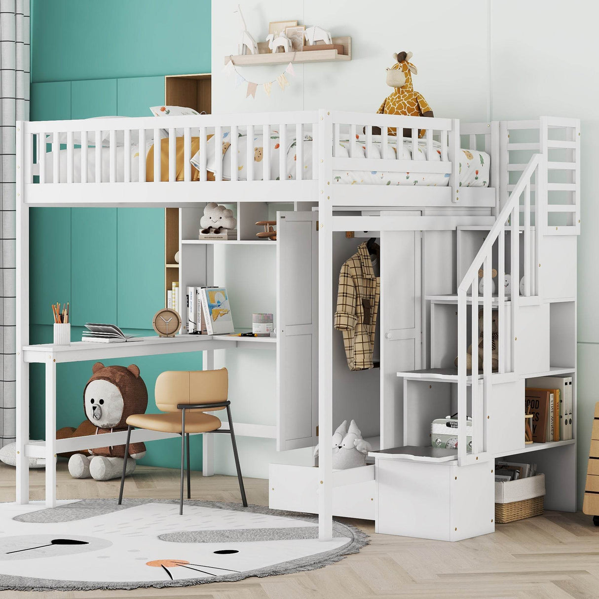 Full Loft Bed With Bookshelf Drawers Desk And Wardrobe