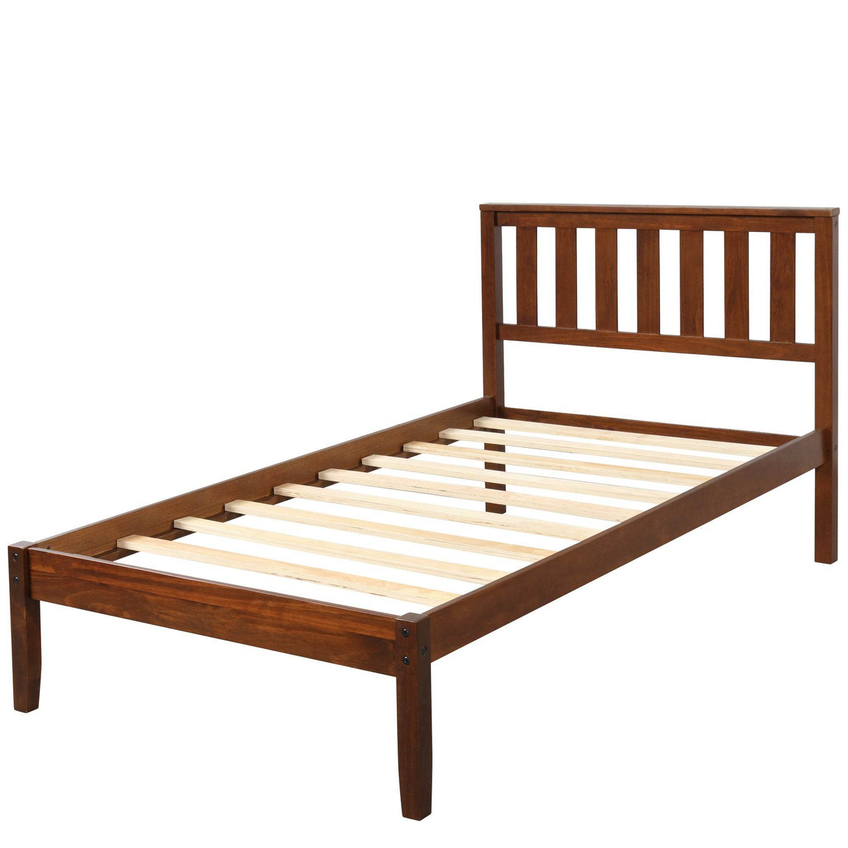 Twin Solid Wood Walnut Platform Bed With Headboard