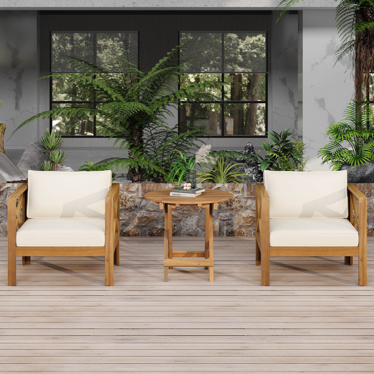 Outdoor Patio Set Of 2 Acacia Wood Club Chairs With Table