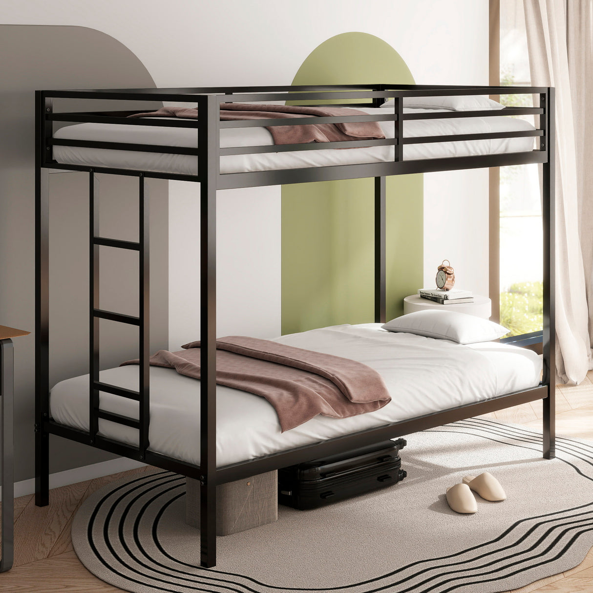Twin Over Twin Metal Bunk Bed Frame With Ladder And Guardrails