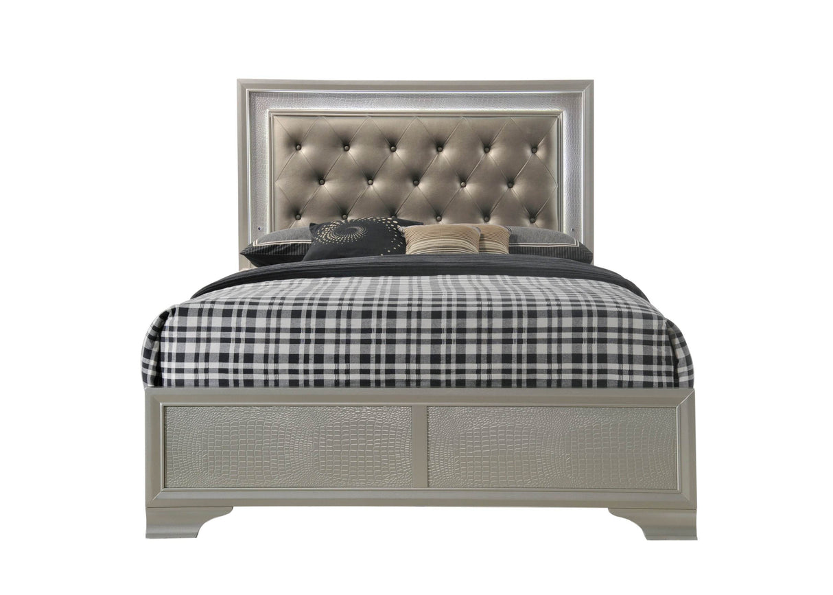 Champagne Upholstered LED Panel Queen Bed Frame