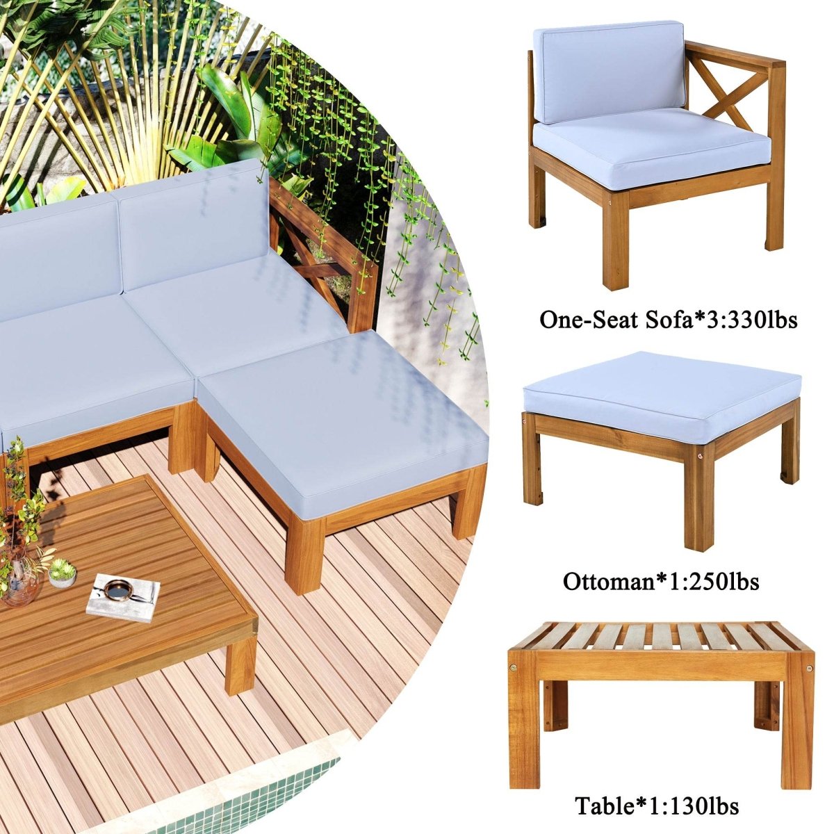 5 - Piece Outdoor Acacia Wood Sectional Patio Sofa Set - Dreamtide - Sleep Galleria