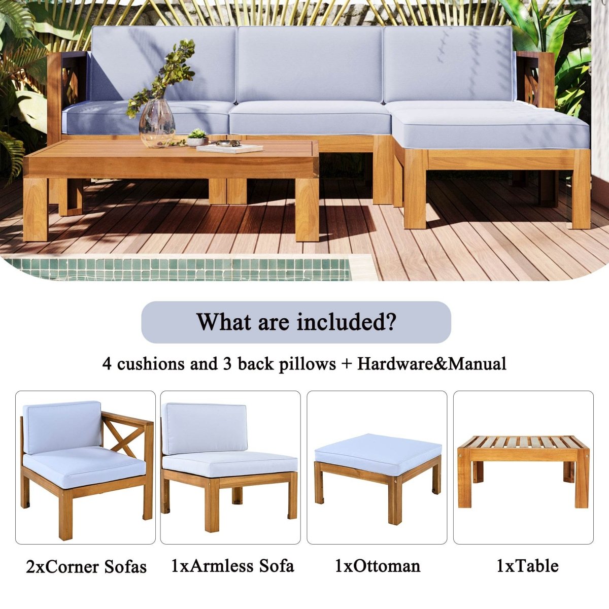 5 - Piece Outdoor Acacia Wood Sectional Patio Sofa Set - Dreamtide - Sleep Galleria