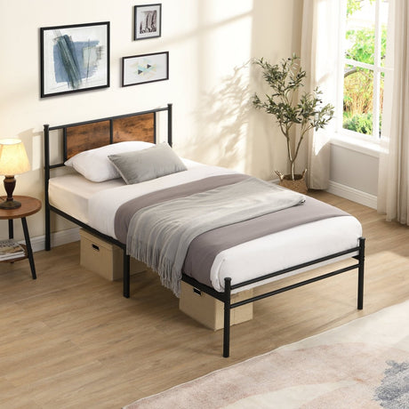 Metal Twin Size Bed Frame With Wood Panel Headboard - Dreamtide - Sleep Galleria
