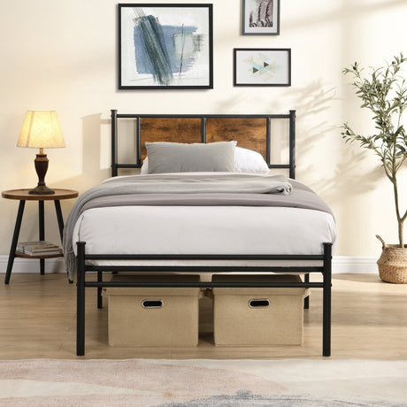 Metal Twin Size Bed Frame With Wood Panel Headboard - Dreamtide - Sleep Galleria