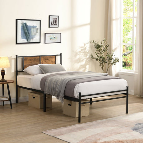 Metal Twin Size Bed Frame With Wood Panel Headboard - Dreamtide - Sleep Galleria