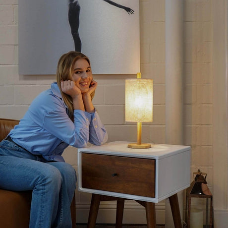 Modern Oak Wood Table Lamp With Paper Rattan Shade - Dreamtide - Sleep Galleria