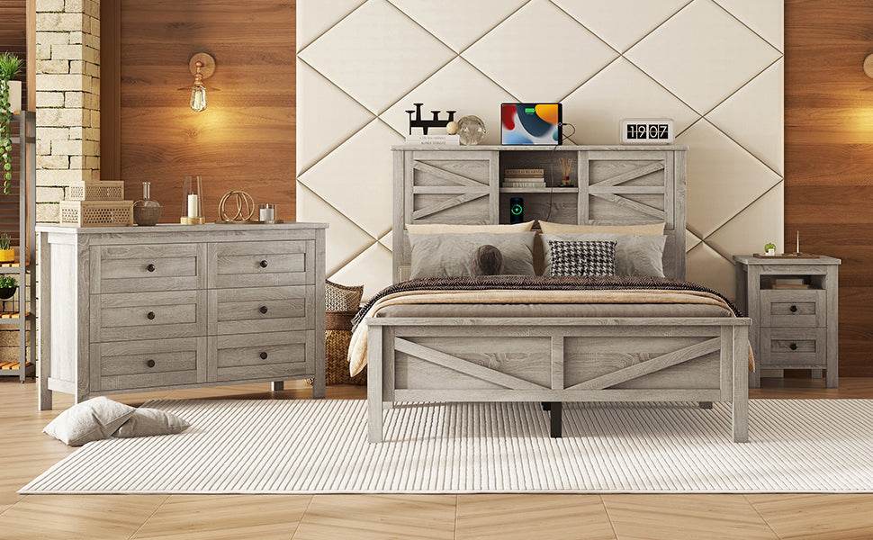 3-Piece Antique Gray Farmhouse Platform Bed Set - Sleep Galleria