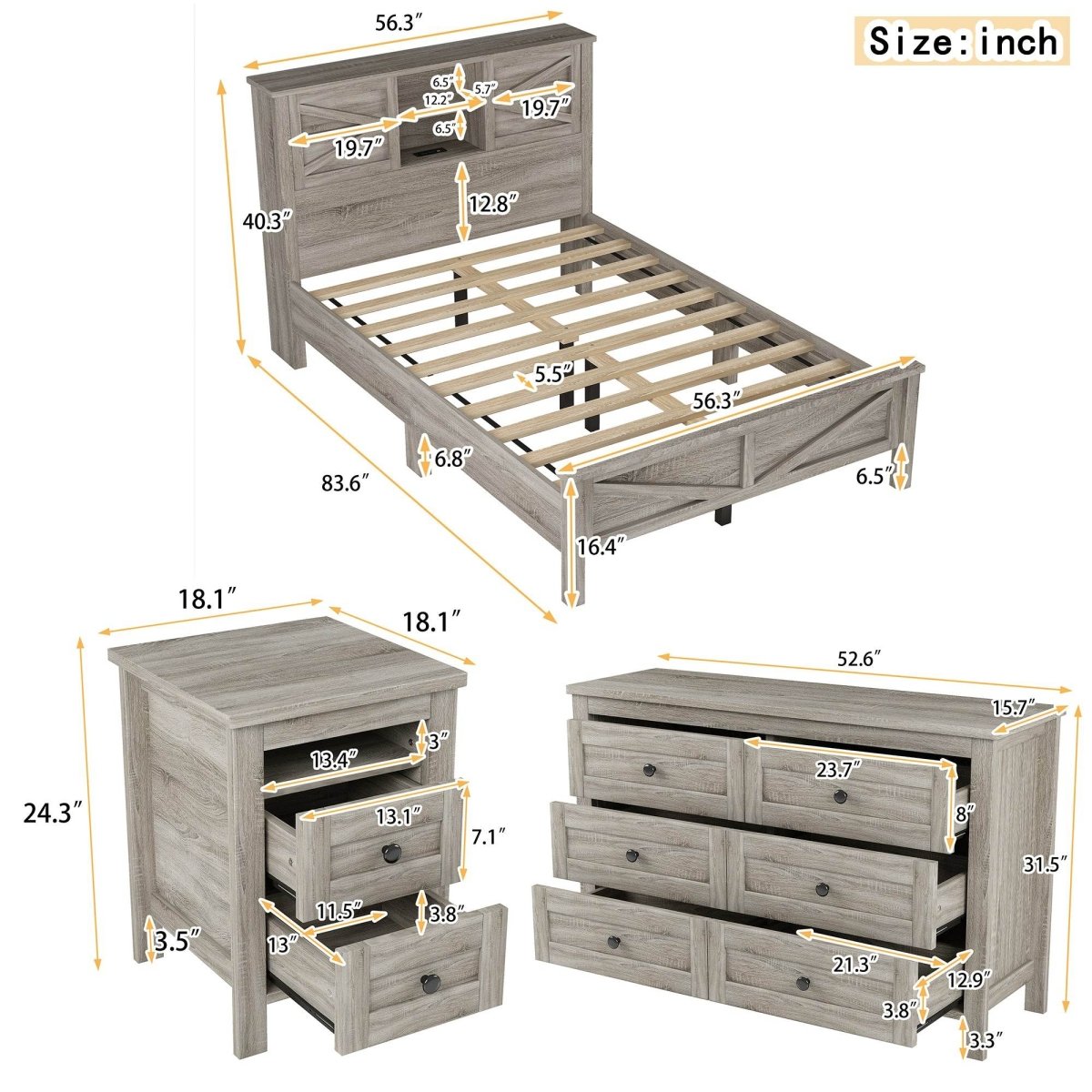3-Piece Antique Gray Farmhouse Platform Bed Set - Sleep Galleria