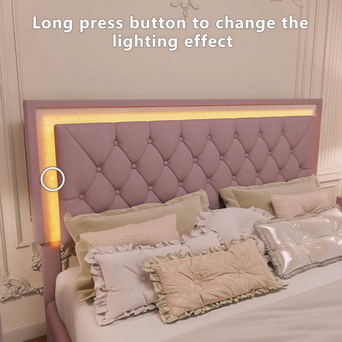 3-Piece Pink Upholstered Bedroom Set With LED Lights - Sleep Galleria