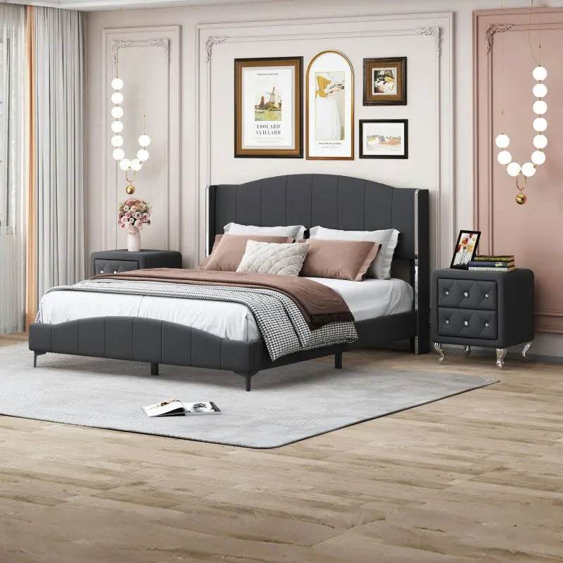 3 - Piece PU Leather Upholstered Platform Bed Set - Driftwood - Sleep Galleria