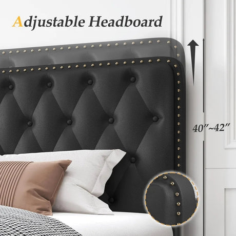 Adjustable Faux Leather Upholstered Metal Bed Frame With Storage - Driftwood - Sleep Galleria