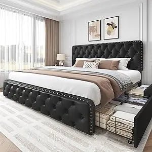 Adjustable Faux Leather Upholstered Metal Bed Frame With Storage - Driftwood - Sleep Galleria