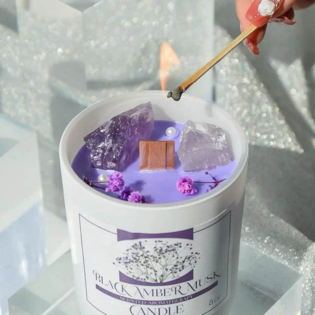 Amber Scented Soy Wax Candle With Healing Crystals - Driftwood - Sleep Galleria