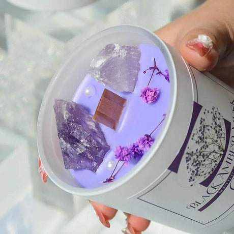 Amber Scented Soy Wax Candle With Healing Crystals - Driftwood - Sleep Galleria