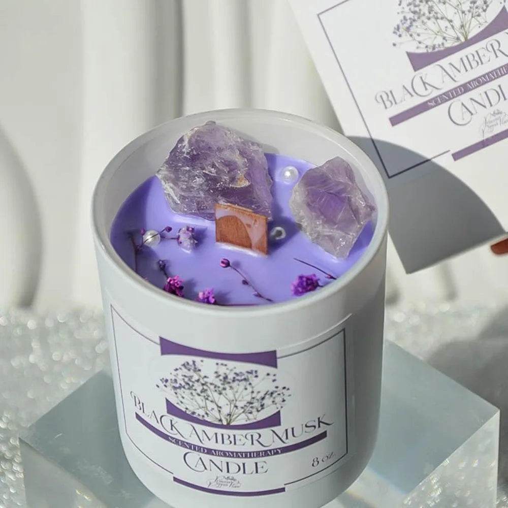 Amber Scented Soy Wax Candle With Healing Crystals - Driftwood - Sleep Galleria