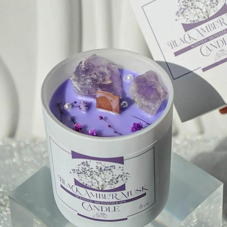 Amber Scented Soy Wax Candle With Healing Crystals - Driftwood - Sleep Galleria