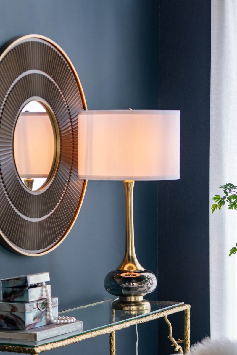 Artistic Aluminum And Glass Table Lamp With Drum Shade - Sleep Galleria