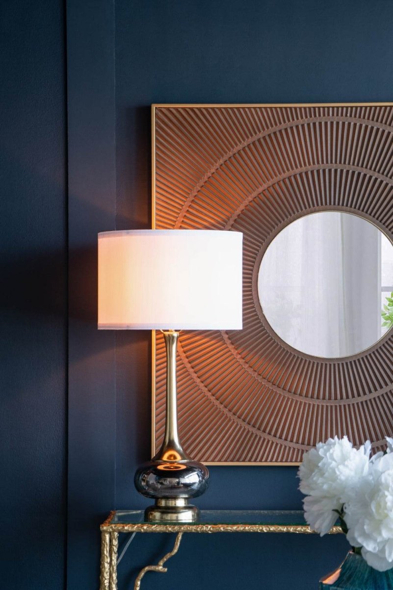 Artistic Aluminum And Glass Table Lamp With Drum Shade - Sleep Galleria