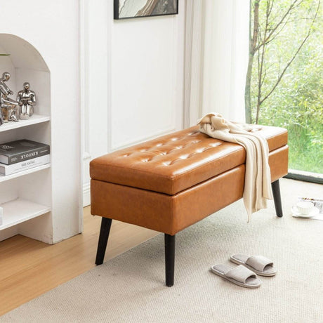 Brown PU Leather Storage Ottoman Bench With Storage - Sleep Galleria