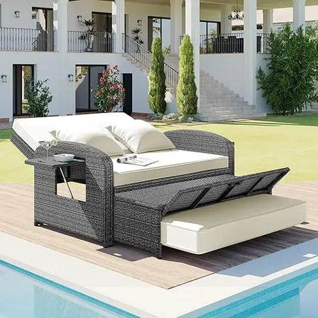 Convertible Outdoor Wicker Rattan Daybed With Storage Ottoman - Driftwood - Sleep Galleria