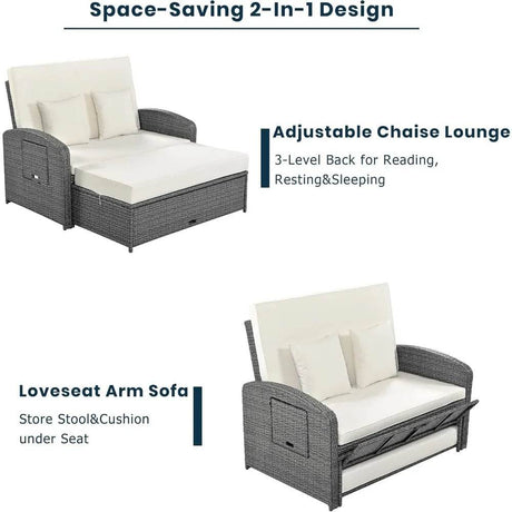Convertible Outdoor Wicker Rattan Daybed With Storage Ottoman - Driftwood - Sleep Galleria