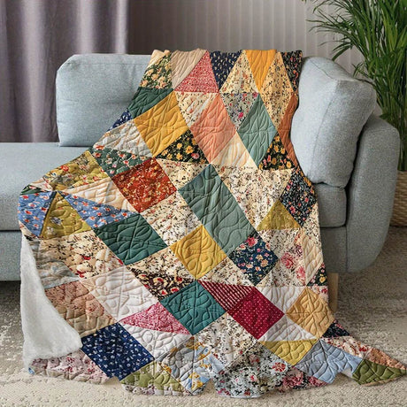 Cozy Vintage Geometric Patchwork Coral Fleece Blanket - Sleep Galleria