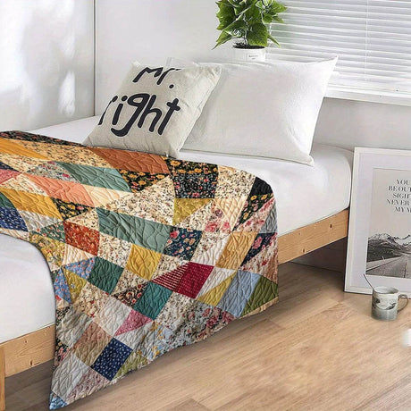 Cozy Vintage Geometric Patchwork Coral Fleece Blanket - Sleep Galleria
