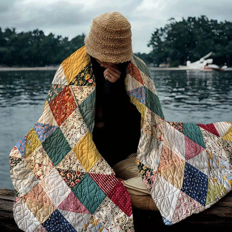 Cozy Vintage Geometric Patchwork Coral Fleece Blanket - Sleep Galleria