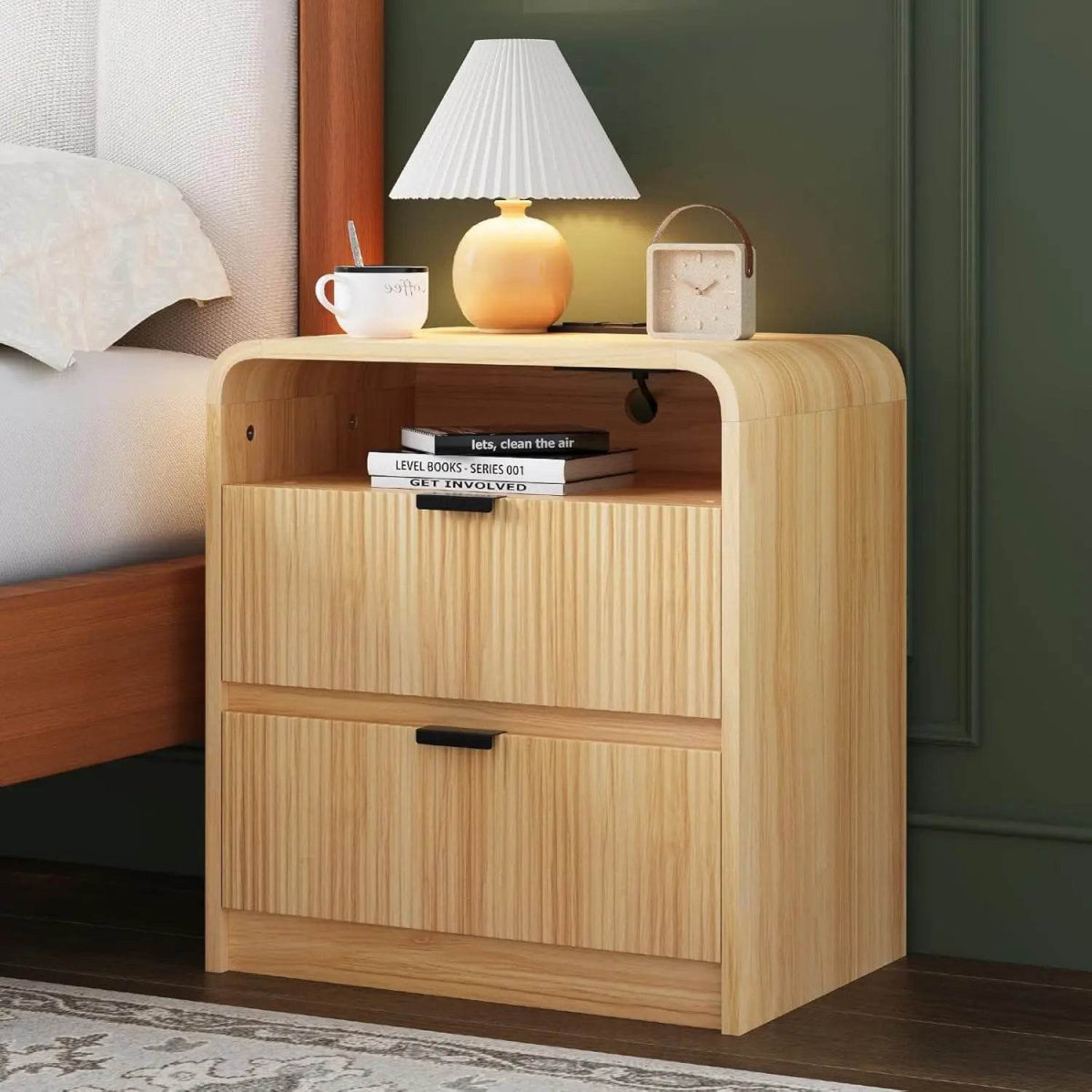 Fluted Modern Nightstand With Charging Station - Sleep Galleria