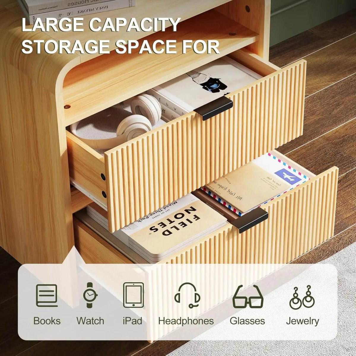 Fluted Modern Nightstand With Charging Station - Sleep Galleria