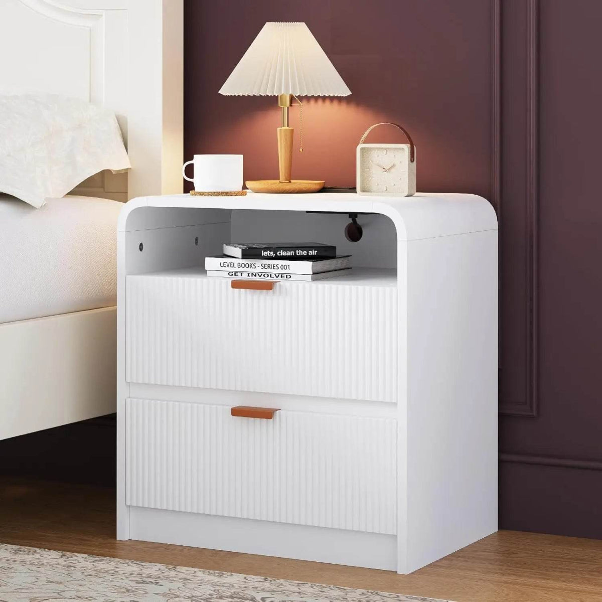 Fluted Modern Nightstand With Charging Station - Sleep Galleria