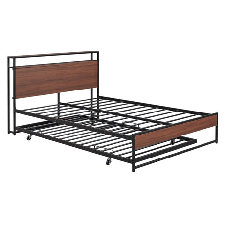 Full Metal Platform Bed Frame With Trundle USB Ports - Driftwood - Sleep Galleria