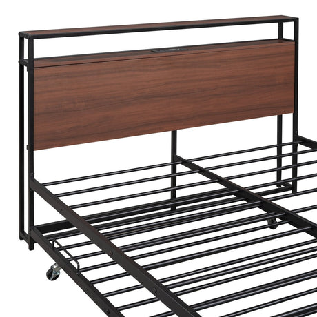Full Metal Platform Bed Frame With Trundle USB Ports - Driftwood - Sleep Galleria