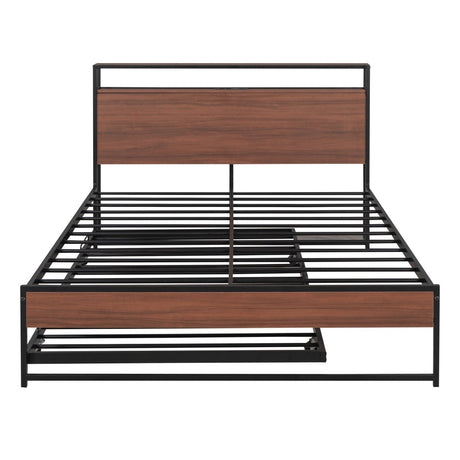 Full Metal Platform Bed Frame With Trundle USB Ports - Driftwood - Sleep Galleria