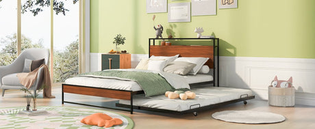 Full Metal Platform Bed Frame With Trundle USB Ports - Driftwood - Sleep Galleria
