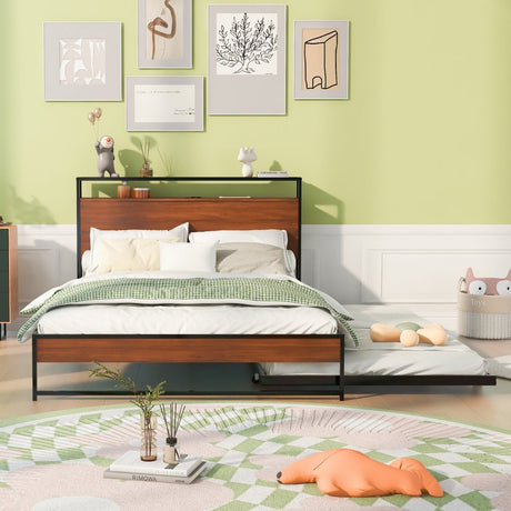 Full Metal Platform Bed Frame With Trundle USB Ports - Driftwood - Sleep Galleria