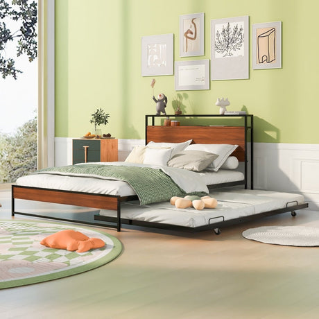 Full Metal Platform Bed Frame With Trundle USB Ports - Driftwood - Sleep Galleria