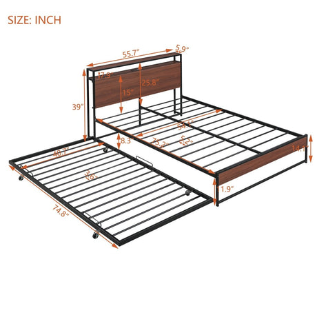 Full Metal Platform Bed Frame With Trundle USB Ports - Driftwood - Sleep Galleria