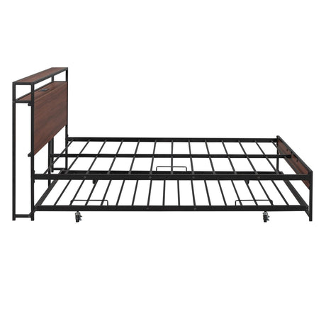 Full Metal Platform Bed Frame With Trundle USB Ports - Driftwood - Sleep Galleria