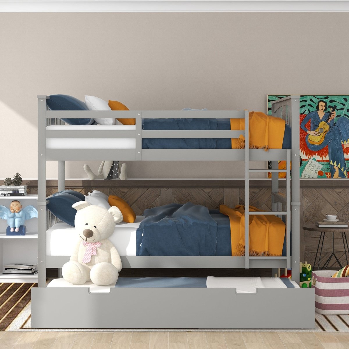 Full Over Full Bunk Bed With Twin Trundle Ladder - Driftwood - Sleep Galleria